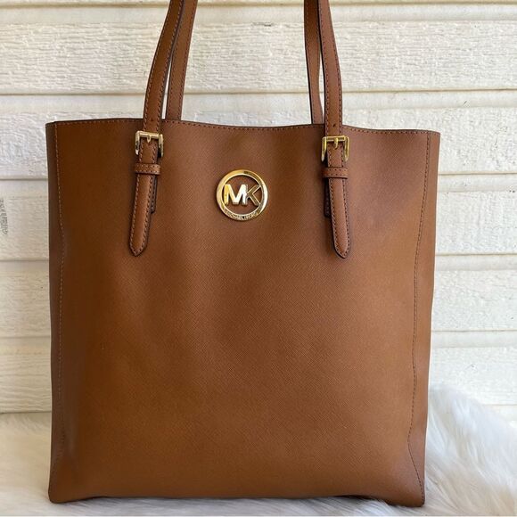 MICHAEL KORS Acorn Leather Jet Set Tote Shoulder Bag Raven Laptop Work - Picture 1 of 12